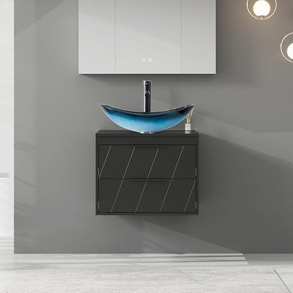 eclife 24" Floating Bathroom Vanities with Sink Combo, Wall Mounted Modern Cabinet W/Diamond Line Pattern Design, Blue Boat Glass Vessel Sink W/Water Save Faucet & Pop Up Drain, Black
