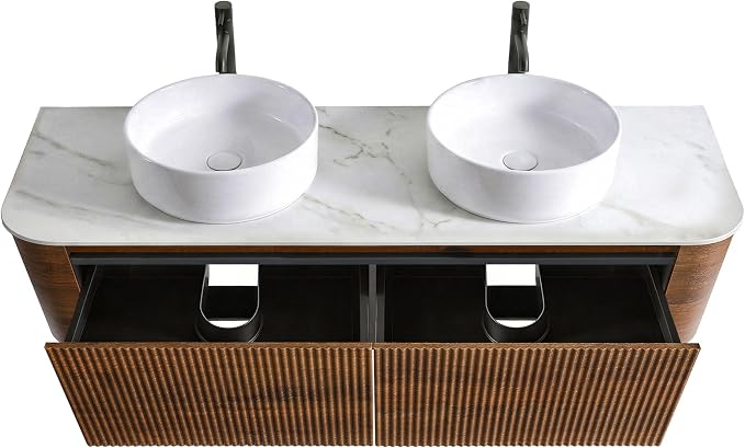 60" Preassembled Double Floating Bathroom Vanity with Round Sink, Walnut | Mid-Century Modern Style, Fluted & Soft-Close Drawer with U-shaped Wall, Sinterted Stone Countertop, Towel Rack Included