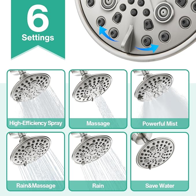 Cobbe 6 Spray High Pressure Filtered Shower Head for Hard Water Combo | Rain Showerhead with 20 Stage Water Softener for Healthier Skin & Hair Remove Chlorine and Harmful Substances, Brushed Nickel