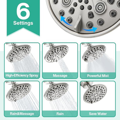Cobbe 6 Spray High Pressure Filtered Shower Head for Hard Water Combo | Rain Showerhead with 20 Stage Water Softener for Healthier Skin & Hair Remove Chlorine and Harmful Substances, Brushed Nickel