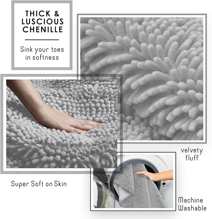 Hearth & Harbor Bathroom Rugs, Chenille Bath Mat - Machine Washable Bath Mats for Bathroom Non-Slip Backing Rubber, Quick Dry Bathroom Mat - Silver 17x24-20x24