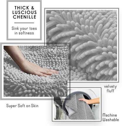 Hearth & Harbor Bathroom Rugs, Chenille Bath Mat - Machine Washable Bath Mats for Bathroom Non-Slip Backing Rubber, Quick Dry Bathroom Mat - Silver 17x24-20x24