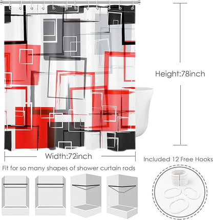 Red Geometric Modern Shower Curtain for Bathroom Decor,Grey Black and White Abstract Striped Shower Curtain with Hooks Mid Century Minimalist Bathroom Shower Curtain Set,78L X 72W inches