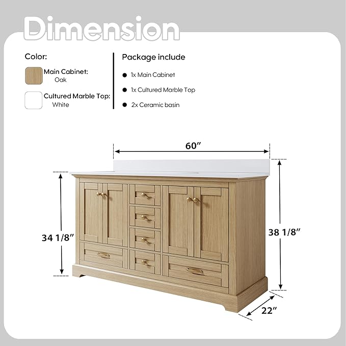 WELLFOR 60" Bathroom Vanity with Double Sinks, Bathroom Freestanding Vanity W/4 Soft-Close Doors and 6 Drawers, Large Storage Space Vanity, Bathroom Vanity with Cultured Marble Countertop (Oak)