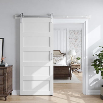 SMARTSTANDARD 36x84 inch White Barn Door with 6.6FT Silver Hardware Track | Solid MDF Slab, Waterproof PVC Surface, 5-Panel, Suitable for Openings up to 34in x 82in