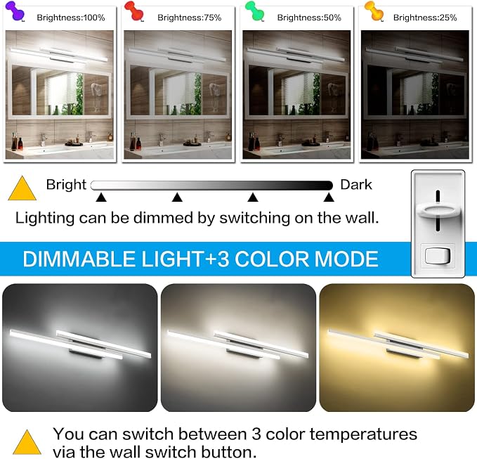 PRESDE 48" LED Bathroom Vanity Light, Modern Brushed Nickel Wall Bar Fixture Over Mirror 3CCT