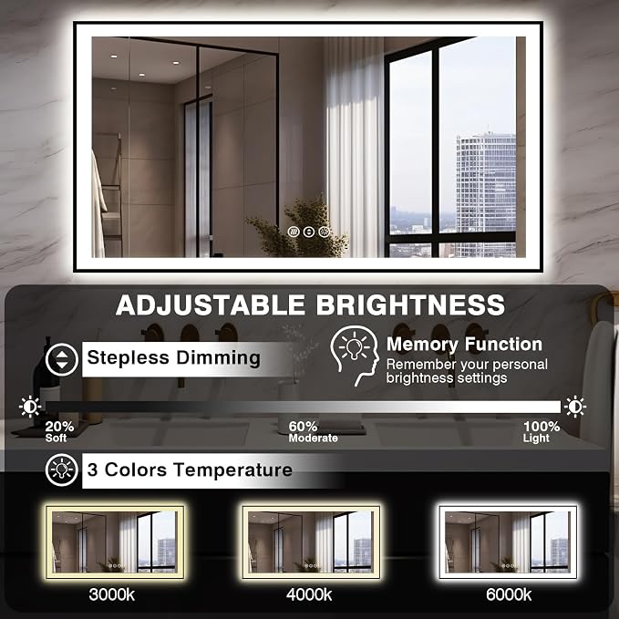 EchosLife 55x30 LED Bathroom Mirrors for Wall - Black Aluminum Framed | Black Frame, Front and Backlit, Anti-Fog, Stepless Dimmable, 3 Colors, Memory, Tempered Glass, UL Listed, Horizontal/Vertical
