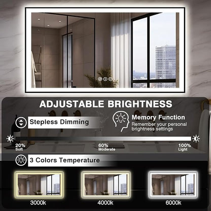 EchosLife 55x30 LED Bathroom Mirrors for Wall - Black Aluminum Framed | Black Frame, Front and Backlit, Anti-Fog, Stepless Dimmable, 3 Colors, Memory, Tempered Glass, UL Listed, Horizontal/Vertical