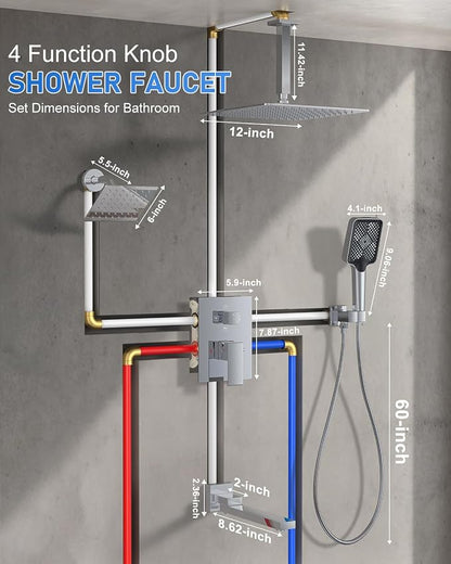 Woindo 4 Function Shower Faucet Set 12" Rain Shower Head/6'' Side Shower Head and 3 Setting Handheld Ceiling Mount Push Button Diverter Complete Rainfall Round Shower System Included Valve Trim Kit