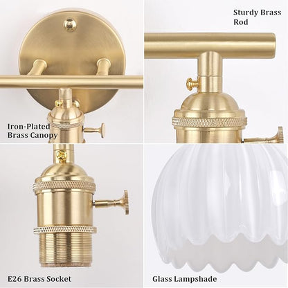 Bathroom Light Fixtures, 3-Light Brass Vanity wall Light Over Mirror with White Tulip Glass Shade for Bedroom Living Room (Bulb Not Included)