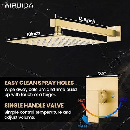 Airuida Shower Faucet Set,10 Inch Shower Valve Kit,Brushed Gold | Male Threads,Rough-in Valve Shower Trim Kit,Single Handle Control Shower Set