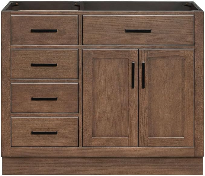 ARIEL Hepburn 42-inch Bathroom Vanity Base Cabinet,Solid Wood, 2 Soft Closing Doors, 5 Dovetail Drawers, Brown Oak