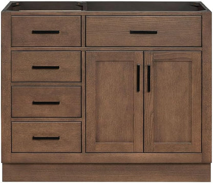 ARIEL Hepburn 42-inch Bathroom Vanity Base Cabinet,Solid Wood, 2 Soft Closing Doors, 5 Dovetail Drawers, Brown Oak