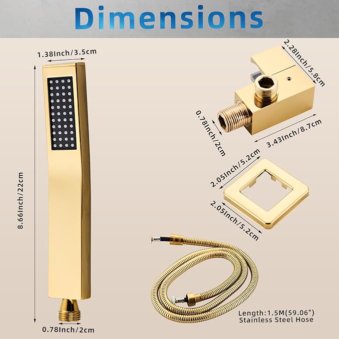 old square hand shower head, handheld shower head with hose,brass High pressure flushing With adjustable water supply elbow Wall-mounted connector Shower bracket and hose set