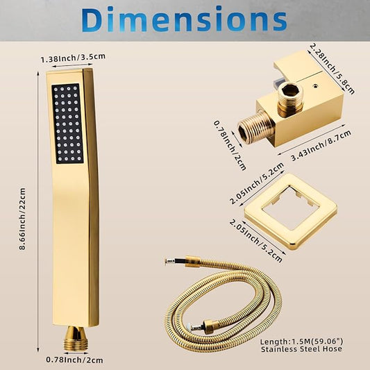 old square hand shower head, handheld shower head with hose,brass High pressure flushing With adjustable water supply elbow Wall-mounted connector Shower bracket and hose set