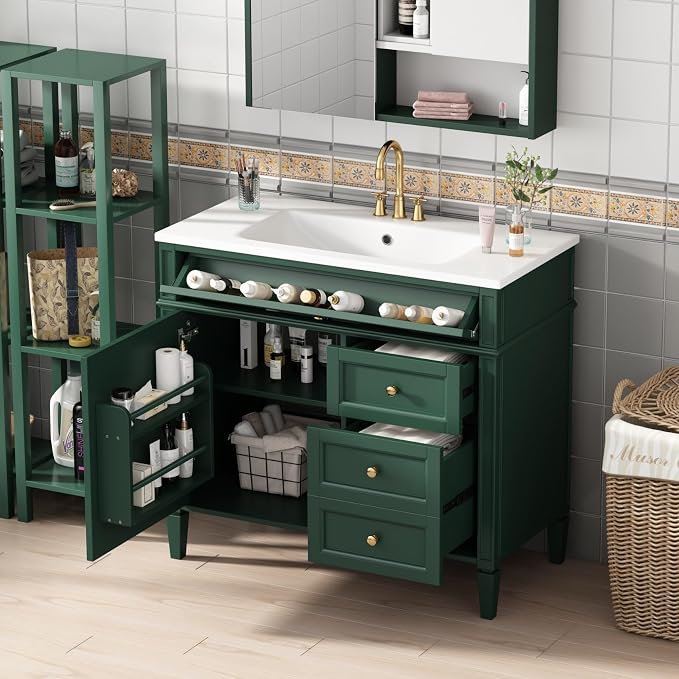 Merax 36'' Bathroom Vanity Without Top Sink, Solid Rubberwood Frame Cabinet | Modern Bathroom Vanity Storage Cabinet with 2 Drawers, Tip-out Drawer, Adjustable Shelf, Soft Closing Doors, Green