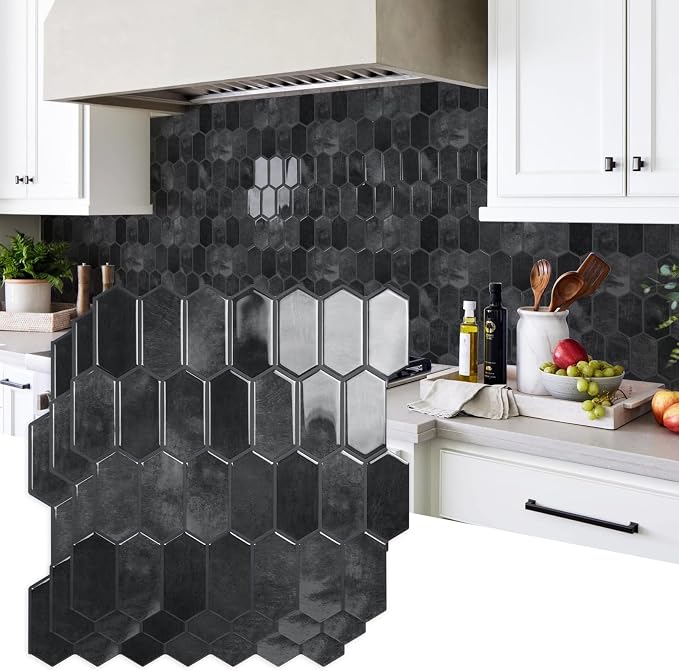 Vamos Tile Thicker Design Long Hexagon Peel and Stick Backsplash Tile | 10-Sheet Shiny Black with Dark Grey Grout Self Adhesive Wall Tiles Stick On Backsplash for Kitchen Bathroom RV Fireplace