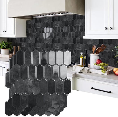 Vamos Tile Thicker Design Long Hexagon Peel and Stick Backsplash Tile | 10-Sheet Shiny Black with Dark Grey Grout Self Adhesive Wall Tiles Stick On Backsplash for Kitchen Bathroom RV Fireplace