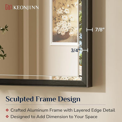 Keonjinn 55" x 36" Black Framed Bathroom Mirror, Safe HD Tempered Glass | Aluminum Alloy Frame Square Corner, Secure French Cleat, Modern Farmhouse Style, Large Black Bathroom Mirrors for Over Sink