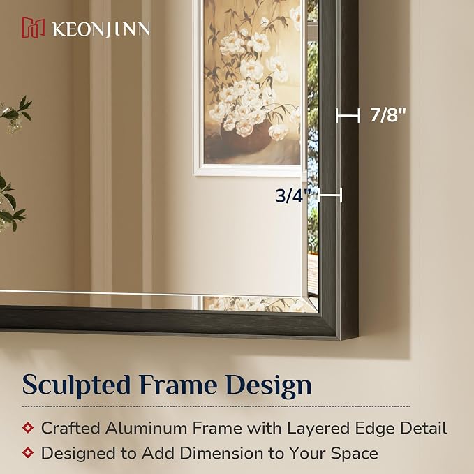 Keonjinn Black Framed Bathroom Mirrors 30" x 36", Safe HD Tempered Glass | Aluminum Alloy, Secure French Cleat Installation, Vertical/Horizontal, Beveled Edge, Black Bathroom Vanity Mirror for Wall