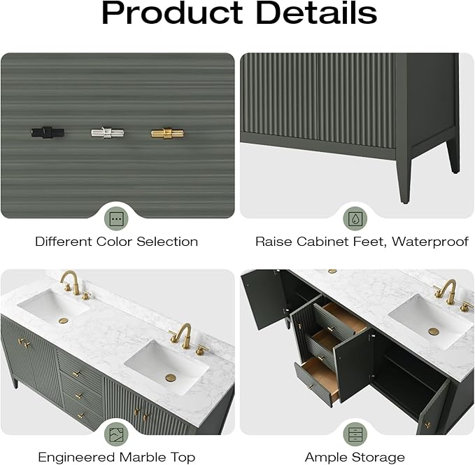 Vanity Art 72 inch Bathroom Vanity with Double Sink & Ceramic Top, Vanity Cabinet with Soft-Closing Door, Solid Wood Frame, Linear Pattern, Vintage Green, VA9172-DVG-MB,Matte Black Handles
