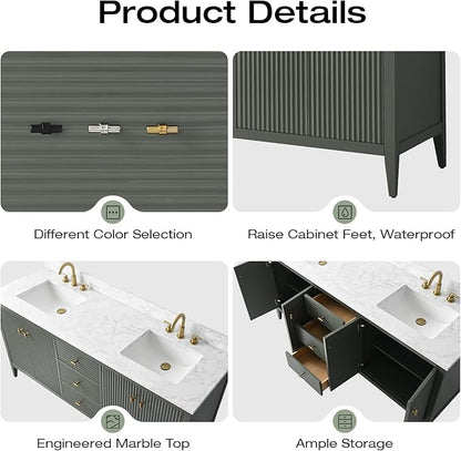 Vanity Art 72 inch Bathroom Vanity with Double Sink & Ceramic Top, Vanity Cabinet with Soft-Closing Door, Solid Wood Frame, Linear Pattern, Vintage Green, Golden Brushed Handware VA9172-DVG-GB