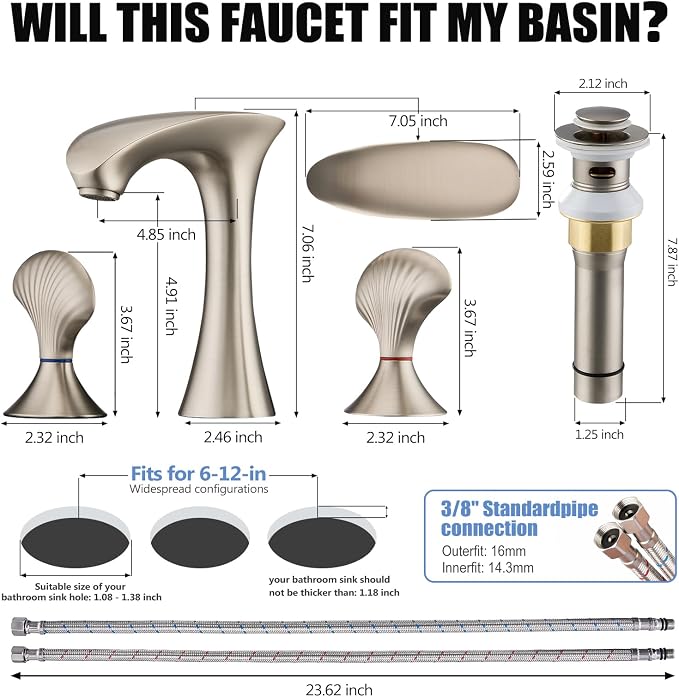 Brushed Nickel Bathroom Faucet 3 Hole, 8 Inch Widespread Bathroom Sink Faucet for Vanity, 2 Handle Bathroom Faucets, Bathroom Vanity Faucet with Pop-Up Drain and Supply Hoses