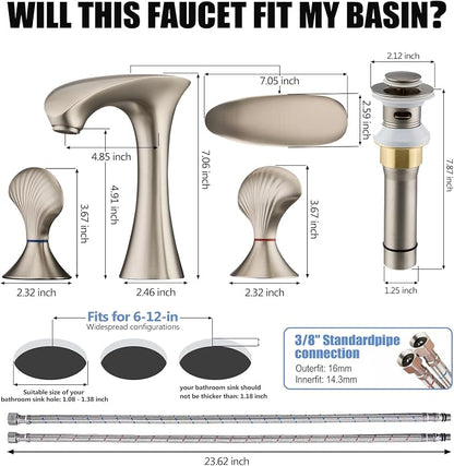 Brushed Nickel Bathroom Faucet 3 Hole, 8 Inch Widespread Bathroom Sink Faucet for Vanity, 2 Handle Bathroom Faucets, Bathroom Vanity Faucet with Pop-Up Drain and Supply Hoses