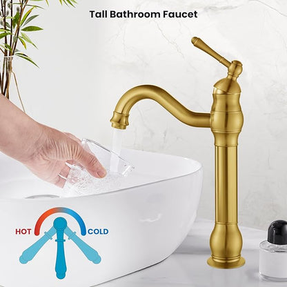 gotonovo Vessel Sink Faucet 360° Swivel Spout Single Handle Tall Bathroom Faucet 1 Hole Farmhouse Lavatory Washbasin Mixer Tap Matching Supply Hoses, with Pop Up Drain, Brushed Gold