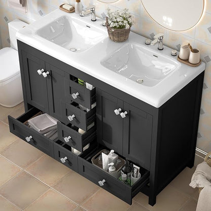 46.7 inch Bathroom Sink Vanity Combo, Large Freestanding Double Bath Vanity Sink Set with 2 Cabinets & 6 Drawers, Dual Basin Modern Bathroom Storage Cabinet, Black