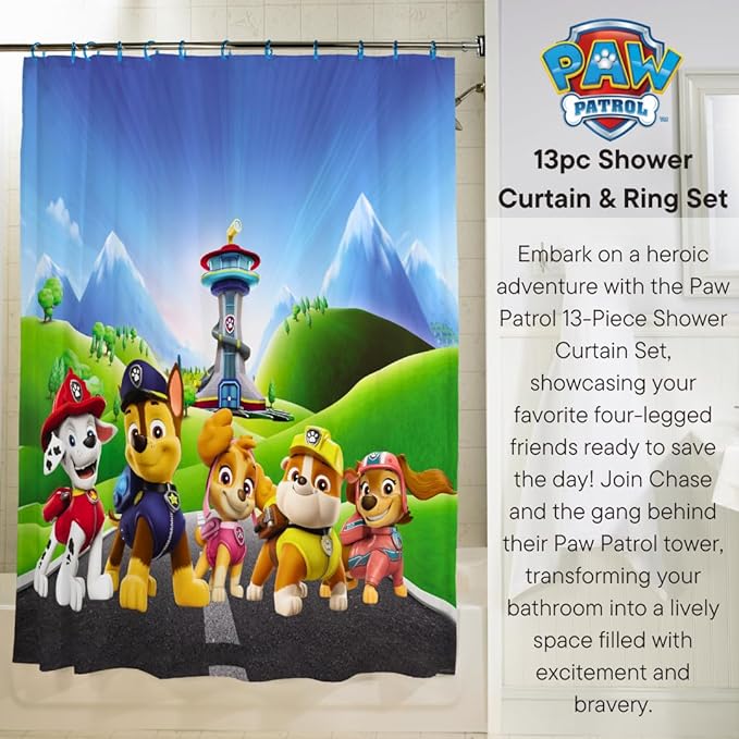 Nickelodeon Paw Patrol 13-Piece Shower Curtain Set, 72 x 72 Inch Fabric Curtain with Hooks, Bathroom Decor, Machine Washable, (100% Officially Licensed Product) by Franco Collectibles