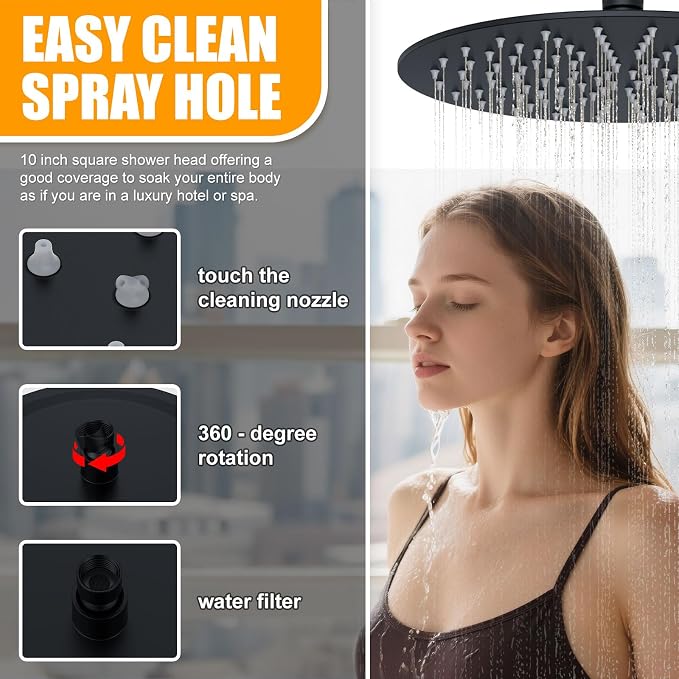 3 Functions Shower System，Modern Three-Setting 10-Inch Round Rain Shower Head and Faucet Set，Shower Faucet Set Complete Rough-in Valve and Trim Kit Included（Matte Black）