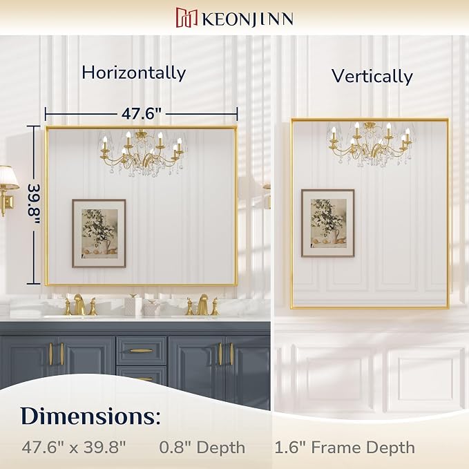 Keonjinn 48x40 Inch Gold Bathroom Mirror for Over Sink, Modern Farmhouse | HD Tempered Glass, Vanity Mirror, Brushed Framed, Square Corner, Rectangular, Wall Mounted Mirrors, Aluminum Alloy