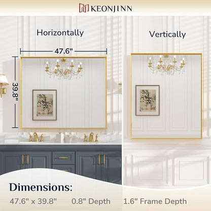 Keonjinn 48x40 Inch Gold Bathroom Mirror for Over Sink, Modern Farmhouse | HD Tempered Glass, Vanity Mirror, Brushed Framed, Square Corner, Rectangular, Wall Mounted Mirrors, Aluminum Alloy