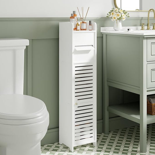 VECELO Storage Cabinet for Small Spaces,Bathroom Cabinet with Toilet Paper Scroll, Short Corner Cabinet with Farmhouse Style Door for Bathroom Space,White