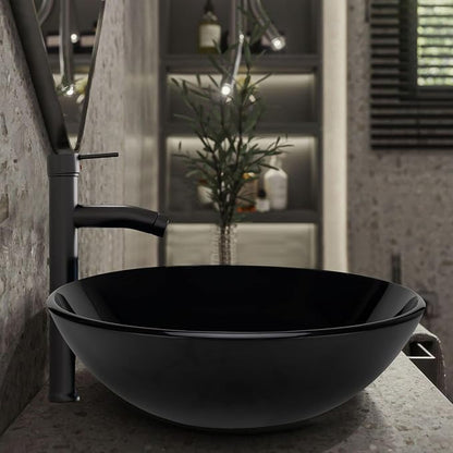 YIMAI Black Glass Vessel Sink 16.5" x 16.5" x 5.5" – Tempered Glass Above Counter Round Bathroom Sink Bowl Countertop Modern Sinks with Faucet and Drain Combo, Easy Install for Master or Powder Room