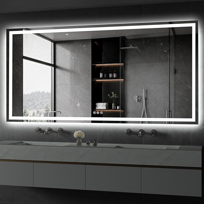 Koonmi 72x36 LED Bathroom Mirror with Light, Anti-Fog, 3 Colors | Backlit + Front Lit, Dimmable Brightness, Shatterproof HD Distortion-Free Tempered Glass, Hardware Included