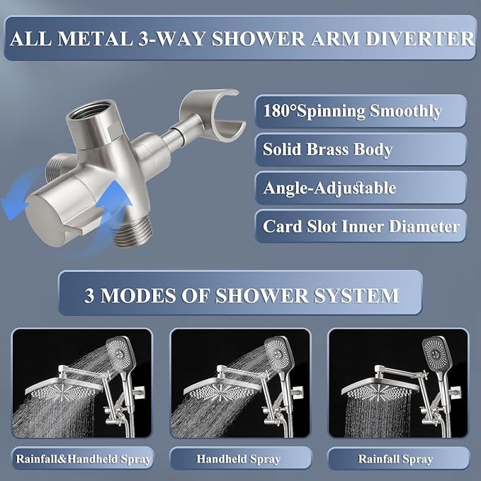Rain Shower Head with Handheld Spray Combo, 12 Inch Rainfall Shower Heads with Adjustable Extention Arm, High Pressure Showerhead with 3-Way Diverter - Height/Angle Adjustable(Brushed Nickel)
