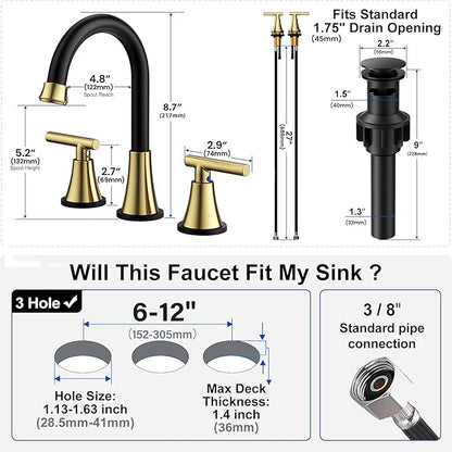 Bathroom Faucets for Sink 3 Hole, Hurran Black& Gold Bathroom Sink Faucet with Pop-up Drain and Supply Lines, Stainless Steel Lead-Free Widespread Faucet for Vanity RV, 2 Pack
