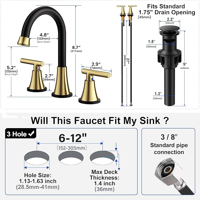 Bathroom Faucet 3 Hole, Black& Gold Faucets with Drain and Supply Lines | Hurran Stainless Steel Lead-Free Widespread Bathroom Sink Faucet for Vanity RV Restroom Laundry Outdoor Camper, 2 Pack