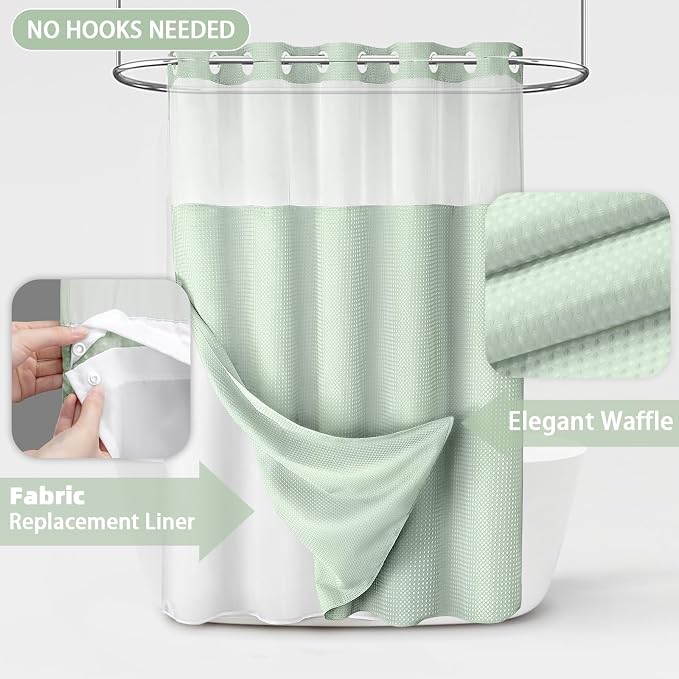No Hook Shower Curtain with Liner Set Hotel Waffle Mint Green 72W X 75L | Washable Snap in Fabric Liner, Mesh Top Window, Waffle Hotel Style Shower Curtain Set