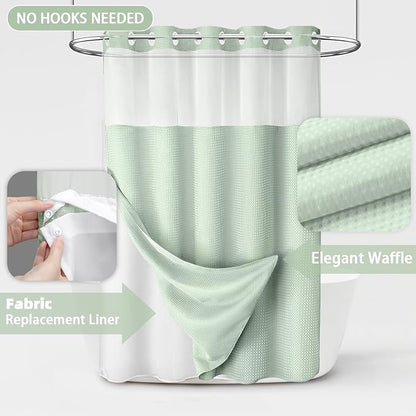 No Hook Shower Curtain with Liner Set Hotel Waffle Mint Green 72W X 75L | Washable Snap in Fabric Liner, Mesh Top Window, Waffle Hotel Style Shower Curtain Set