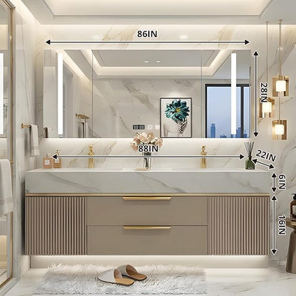 88 Inch Floating Bathroom Vanity with Double Sink, Khaki | Smart LED Defog Medicine Cabinet, Sintered Stone Countertop, Solid Wood, 2 Soft-Close Doors & Drawers, Khaki
