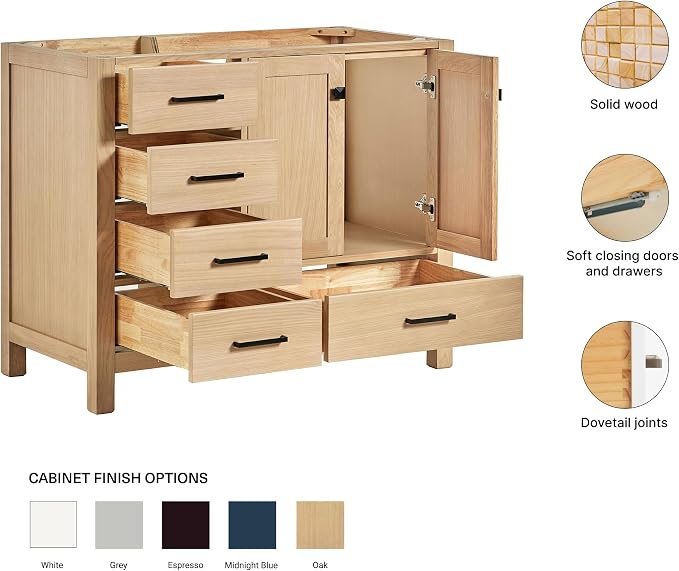 ARIEL Cambridge 42-inch Bathroom Vanity Base Cabinet,Solid Wood, 2 Soft Closing Doors, 5 Dovetail Drawers, White Oak