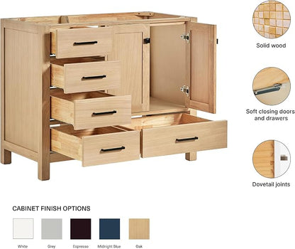 ARIEL Cambridge 42-inch Bathroom Vanity Base Cabinet,Solid Wood, 2 Soft Closing Doors, 5 Dovetail Drawers, White Oak