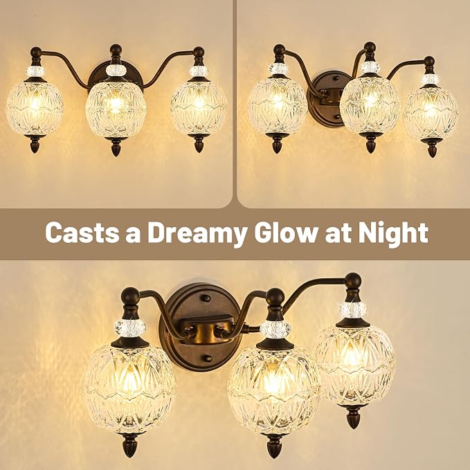 Vintage Bathroom Vanity Light, 3-Light Mid Century Oil Rubbed Bronze Finish Wall Sconce with Globe Glass Shades, Retro Mirror Light for Bathroom, Powder Room