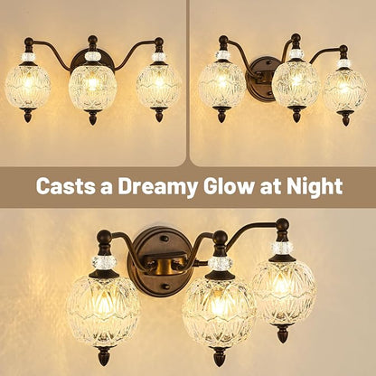 Vintage Bathroom Vanity Light, 3-Light Mid Century Oil Rubbed Bronze Finish Wall Sconce with Globe Glass Shades, Retro Mirror Light for Bathroom, Powder Room