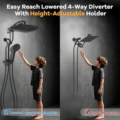 Hibbent 13'' Showerhead Combo, 10 Mode Filtered Handheld, Oil-Rubbed Bronze | High Pressure 5-Spray Showerhead, 4-way Diverter, Upgraded Heightened All Metal Extension Arm, 71'' Hose & Holder, Easy Reach