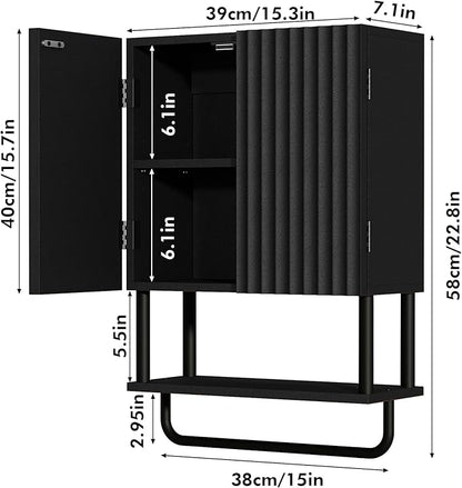 RUSTOWN Fluted Bathroom Wall Cabinet with 2 Doors, 3-Tier Modern Farmhouse Medicine Cabinet, Over The Toilet Storage Cabinet with Adjustable Shelf and Towel Bar(Black, Small)