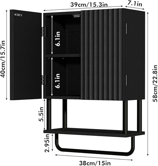 RUSTOWN Fluted Bathroom Wall Cabinet with 2 Doors, 3-Tier Modern Farmhouse Medicine Cabinet, Over The Toilet Storage Cabinet with Adjustable Shelf and Towel Bar(Black, Small)